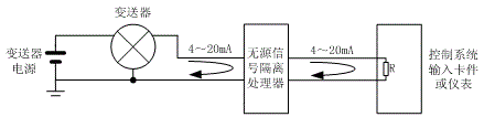 無源隔離器在三線制變送器信號輸入中的接線圖 無源隔離器在三線制變送器信號輸入中的接線圖
