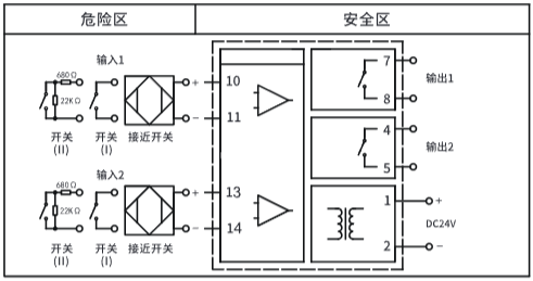 二入二出開關量安全柵接線圖 二入二出開關量安全柵接線圖