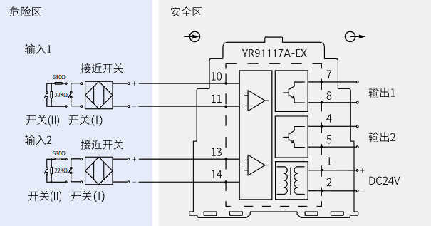 二入二出開關量安全柵(晶閘管輸出)接線圖 二入二出開關量安全柵(晶閘管輸出)接線圖